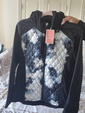 Women’s Quilted Hooded Jacket in Black with Blue Tie-Dye Panels
